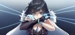 1girl asymmetrical_gloves black_gloves black_hair bob_cut bracelet breasts cape closed_mouth commentary diagonal_bangs dice english_commentary fur_trim genshin_impact gloves gradient_background green_eyes grey_background highres jewelry large_breasts looking_at_viewer mole mole_on_breast short_hair signature solo string tassel upper_body vuuins white_cape white_gloves yelan_(genshin_impact)