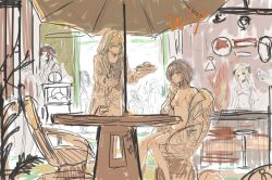 3boys 4girls ahoge animal_ears arknights ball bandana bar_stool beachball bikini bird_boy bird_girl black_hair black_horns blonde_hair blue_eyes blue_hair blue_vest bryophyta_(arknights) cantabile_(arknights) cart chair closed_mouth cup dog_boy dog_ears dog_tail eyewear_on_head feather_hair fire fish_boy flower flower_necklace food frills glasses green_hair grey_shorts hair_between_eyes hand_on_own_hip hand_up highres holding holding_cup holding_surfboard holding_tray hood hood_up hooded_jacket horns hoshiguma_(arknights) hoshiguma_(seeker)_(arknights) ifrit_(arknights) ifrit_(sunburn)_(arknights) jacket jacket_on_shoulders jewelry la_pluma_(arknights) la_pluma_(summer_flowers)_(arknights) lamp looking_at_another looking_to_the_side mizuki_(arknights) mizuki_(summer_feast)_(arknights) multiple_boys multiple_girls multiple_necklaces necklace plant red_bandana scrunchie shorts sign silence_(arknights) single_horn sitting smile speech_bubble stool stove sunglasses surfboard swimsuit table tail tentacles tequila_(arknights) tray umbrella umogame unfinished v-shaped_eyebrows vest walking white_bikini