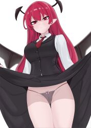 Rule 34 | 1girl, absurdres, bat wings, black panties, black skirt, black vest, blush, breasts, canonball (dungigi12), closed mouth, clothes lift, collared shirt, commentary request, demon girl, frown, head wings, highres, koakuma, korean commentary, large breasts, lifting own clothes, looking down, mixed-language commentary, multiple wings, necktie, panties, pointy ears, red eyes, red necktie, shirt, simple background, skirt, skirt lift, solo, touhou, underwear, variant set, vest, white background, white shirt, wings
