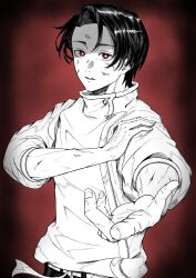 Rule 34 | 1boy, absurdres, belt, black hair, black pants, blood, blood on face, buttons, closed mouth, cuts, expressionless, fingernails, hand on own arm, high collar, highres, injury, jacket, jujutsu kaisen, jujutsu tech uniform, long sleeves, looking at viewer, male focus, okkotsu yuuta, open mouth, outstretched hand, pants, partially shaded face, red background, red eyes, red theme, school uniform, short hair, simple background, solo, spot color, user euhn7282, veins, veiny arms, white belt, white jacket
