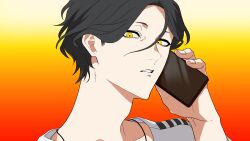 1boy black_hair commentary_request gradient_background hair_between_eyes hand_up highres holding holding_phone iwnm0313 looking_at_viewer male_focus meguriya_ayumu netsu_ijou_(utau) orange_background parted_lips phone shirt short_hair solo toshi_densetsu_kaitai_center upper_body white_shirt yellow_eyes
