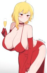 1girl :| absurdres alcohol alternate_costume armpit_crease asymmetrical_hair backless_dress backless_outfit bare_shoulders blush breasts champagne champagne_flute cleavage closed_mouth collarbone commentary covered_erect_nipples cup dot_nose double-parted_bangs dress drinking_glass earrings evening_gown expressionless gloves halter_dress halterneck hand_on_own_leg hanging_breasts highres holding holding_cup hololive hololive_indonesia huge_breasts jewelry kaela_kovalskia leaning_forward long_dress looking_at_viewer low_neckline red_dress red_eyes red_gloves ringed_eyes short_hair side_slit simple_background sleeveless sleeveless_dress solo spaghetti_strap split_mouth standing taut_clothes taut_dress teardrop_earrings thick_thighs thighs tight_clothes tight_dress twitter_username white_background wide_hips yuuta_(yuuta0361)