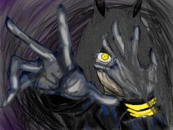 Rule 34 | 1girl, 3year etarou, absurdres, animal ears, black background, black gloves, gloves, hand on own face, hand over eye, hands up, highres, horse ears, horse girl, long sleeves, manhattan cafe (umamusume), reaching, reaching towards viewer, solo, umamusume, yellow eyes