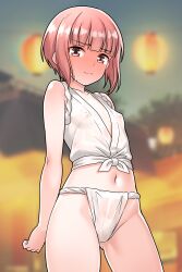 Rule 34 | 1girl, absurdres, blunt bangs, blush, embarrassed, full-face blush, fundoshi, furaggu (frag 0416), highres, indoors, japanese clothes, kantai collection, midriff, navel, night, night sky, pink eyes, pink hair, shirt, short hair, sky, sleeveless, sleeveless shirt, solo, standing, stomach, thighs, tied shirt, variant set, white shirt, z3 max schultz (kancolle)