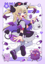 1girl apron black_apron black_hat black_horns black_tail commentary_request demon_horns demon_tail demon_wings fang first_aid_kit floating from_behind hat heart highres horns long_hair looking_at_viewer natori_sana natori_sana_(devil_natori) nurse nurse_cap official_alternate_costume open_mouth pill saana-kun sana_channel shoe_soles short_sleeves smile solo syringe tail taoru_(towtowru) two_side_up virtual_youtuber wings