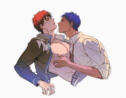 2boys adam&#039;s_apple aomine_daiki bare_pectorals black_jacket black_pants blue_hair chinese_commentary collared_jacket collared_shirt commentary_request cropped_legs dark-skinned_male dark_skin eye_contact forked_eyebrows groin hand_on_another&#039;s_chest highres jacket jewelry kagami_taiga kuroko_no_basuke long_sleeves looking_at_another loose_necktie male_focus multiple_boys necklace necklace_in_mouth necktie nervous_sweating nipples open_clothes open_jacket pants pectorals popped_collar red_hair road_233 shirt short_hair simple_background sleeves_rolled_up striped_necktie sweat sweatdrop white_background white_shirt wing_collar yaoi