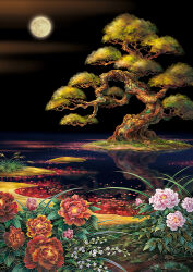 black_sky commentary_request flower full_moon moon night night_sky no_humans original outdoors petals pink_flower red_flower reflection reflective_water scenery sky tree water white_flower yukoiwase