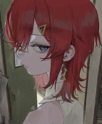 1girl 87yanagi ange_katrina ange_katrina_(2nd_costume) blue_eyes closed_mouth collared_shirt door earrings eyelashes from_side gold_earrings hair_ornament hairclip half-closed_eyes hashtag-only_commentary highres jewelry lips long_bangs looking_at_viewer looking_to_the_side medium_hair nijisanji portrait profile red_hair shirt sidelocks single_bare_shoulder sleeveless sleeveless_shirt solo triangle_earrings upturned_nose virtual_youtuber white_shirt