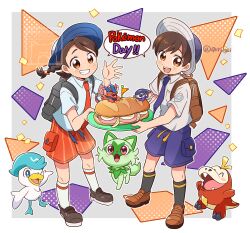 1boy 1girl :d backpack bag blue_hat braid breast_pocket brown_eyes brown_hair collared_shirt commentary_request creatures_(company) eyelashes florian_(pokemon) food fuecoco game_freak grin hat highres holding holding_plate juliana_(pokemon) knees koraidon miraidon necktie nintendo open_mouth orange_necktie orange_shorts plate pocket pokemon pokemon_(creature) pokemon_day pokemon_sv quaxly quriltai sandwich shirt shoes short_hair short_sleeves shorts skewer smile socks sprigatito standing starter_pokemon_trio teeth tongue upper_teeth_only white_shirt white_socks