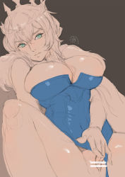 1girl absurdres artoria_pendragon_(fate) bad_id bad_pixiv_id bar_censor bird braid breasts bursting_breasts censored corset covered_navel crow embarrassed fate_(series) female_focus female_masturbation french_braid fur_trim green_eyes heattech_leotard highres large_breasts lips looking_to_the_side masturbation monochrome pussy saber_(fate) short_hair signature skindentation solo spread_legs supullim turtleneck