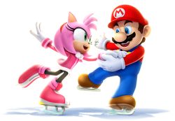 1boy 1girl 3d amy_rose amy_rose_(winter_sports) animal_ears animal_nose arm_up big_nose black_pantyhose blue_eyes blue_overalls body_fur boots brown_footwear brown_hair buttons cabbie_hat clothes_writing dancing dress eye_contact facial_hair flat_chest full_body fur-trimmed_dress fur_trim furry furry_female gloves green_eyes hairband happy hat holding_hands ice_skates leaning_forward leg_up long_sleeves looking_at_another mario_&amp;_sonic_(series) mario_&amp;_sonic_at_the_sochi_2014_olympic_winter_games mario_(series) mustache nintendo official_art open_mouth outstretched_arm overalls pantyhose pink_boots pink_fur pink_hair pom_pom_(clothes) red_hairband red_hat red_shirt shirt short_hair sidelocks simple_background skates skating smile sonic_(series) standing standing_on_one_leg teeth third-party_source transparent_background white_gloves zipper