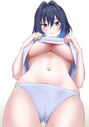 Rule 34 | 1girl, absurdres, black hair, blue eyes, blue hair, blue panties, breasts, cameltoe, clothes lift, eka kinoko, hair intakes, highres, hololive, hololive english, large breasts, lifting own clothes, looking at viewer, navel, ouro kronii, panties, shirt lift, simple background, solo, underboob, underwear, virtual youtuber, white background