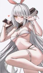 1girl absurdres alternate_costume animal_ears bikini blanc_(nikke) blush breasts closed_mouth commentary goddess_of_victory:_nikke gun hair_intakes hair_over_one_eye highres holding holding_gun holding_weapon jindogod long_hair looking_at_viewer medium_breasts rabbit_ears skindentation smile solo strapless swimsuit thigh_strap thighs tube_top v v_over_eye very_long_hair weapon white_bikini white_hair white_tube_top yellow_eyes