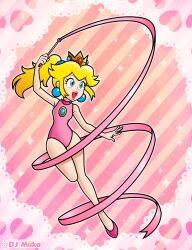 Rule 34 | crown, dj-mika, gymnastics, highres, mario &amp; sonic (series), mario &amp; sonic at the london 2012 olympic games, mario (series), nintendo, olympics, pink ribbon, pink theme, playing sports, ponytail, princess peach, princess peach (gymnastics), ribbon, ribbon baton, yellow crown