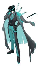 1boy aqua_necktie aqua_pants black_eyes black_gloves black_hair black_hat black_shoes black_vest blind_obsession_(e.g.o) closed_mouth coat coat_on_shoulders collared_shirt e.g.o_(project_moon) fluorescent_lamp full_body gloves gradient_hair green_hair grey_coat grey_shirt hat highres limbus_company long_sleeves looking_at_viewer male_focus multicolored_hair necktie pants peaked_cap project_moon shirt shoes simple_background solo standing vest white_background yi_sang_(project_moon) zero_letter