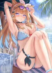 Rule 34 | 1girl, absurdres, almond eye (umamusume), alternate costume, animal ears, armpits, arms up, beach, blue eyes, blush, breasts, brown hair, collarbone, highres, horse ears, horse girl, horse tail, j450n777, medium breasts, multicolored hair, ocean, solo, sun, swimsuit, tail, thighs, two-tone hair, umamusume, wet