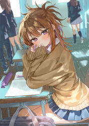 1boy 3girls bag blue_pants blue_skirt blue_socks book brown_cardigan brown_eyes brown_hair cardigan chair classroom commentary_request desk expressionless gyaru highres indoors kneehighs looking_at_viewer misekiss multicolored_hair multiple_girls open_book original pants pencil_case pleated_skirt purple_eyes purple_nails school_bag school_chair school_desk shoes sitting skirt socks solo_focus streaked_hair white_shoes