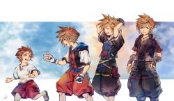 age_progression aged_down arm_up arms_behind_head arms_up baggy_pants black_pants black_shirt blue_eyes blue_shirt blue_trim brown_hair closed_eyes cloud crown_necklace feet_out_of_frame foot_out_of_frame gloves hand_on_own_hip hood hood_down hooded_jacket jacket jewelry kingdom_hearts kingdom_hearts_i kingdom_hearts_ii kingdom_hearts_iii looking_back looking_to_the_side male_focus mim_(mimya0600) necklace open_clothes open_jacket open_mouth own_hands_together pants parted_bangs pouch red_shorts sandals shirt short_hair short_sleeves shorts sideways_glance signature sky sora_(kingdom_hearts) spiked_hair teeth thigh_pouch upper_teeth_only v-neck white_gloves zipper zipper_pull_tab