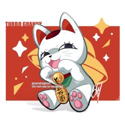 1girl :3 animal_ears bell cat cat_ears character_name commentary dandadan english_commentary floating_hair full_body looking_at_viewer maneki-neko neck_bell open_mouth sandragh shaded_face signature solo turbo_granny_(dandadan) twitter_username ufo whiskers