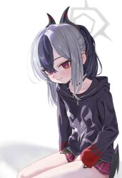 1girl absurdres black_choker black_hair black_hoodie blue_archive blush choker closed_mouth collarbone commentary demon_horns ear_piercing grey_hair hahtte halo highres hood hood_down hoodie horns kayoko_(blue_archive) long_sleeves looking_at_viewer miniskirt multicolored_hair piercing plaid_clothes plaid_skirt pleated_skirt ponytail red_skirt sidelocks sitting skirt solo two-tone_hair