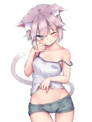 1girl :3 animal_ear_fluff animal_ears animal_print blue_eyes blush breasts camisole cat_ears cat_girl cat_tail cleavage clothes_lift collarbone cowboy_shot fish_print fish_skeleton fish_skeleton_print hand_on_own_cheek hand_on_own_face highres looking_at_viewer micro_shorts midriff off_shoulder one_eye_closed original ryuudog shirt_lift short_hair shorts simple_background small_breasts smile solo tail thigh_gap thighs white_background
