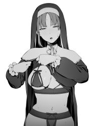 1girl blush bra breasts capelet choppy_bangs clothes_lift cupless_bra dress dress_lift frilled_gloves frills gloves greyscale highres lace lace-trimmed_bra lace-trimmed_panties lace_trim lifting_own_clothes long_sleeves looking_at_viewer makachi_to medium_breasts monochrome narrowed_eyes navel nijisanji nose_blush nun one_breast_out open_mouth panties parted_bangs simple_background sister_claire sister_claire_(1st_costume) solo standing straight-on sweat teeth underwear upper_body upper_teeth_only virtual_youtuber white_background