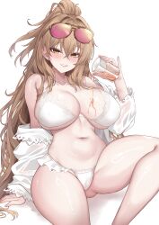 1girl absurdres azur_lane bikini breasts brown_eyes brown_hair collarbone curvy deogho_(liujinzy9854) eyewear_on_head grin high_ponytail highres large_breasts lion_(azur_lane) lion_(the_reclining_dandelion)_(azur_lane) long_hair looking_at_viewer navel off_shoulder official_alternate_costume parted_lips ponytail pouring pouring_onto_self simple_background sitting smile solo stomach sunglasses swimsuit thighs very_long_hair white_background white_bikini