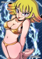 1girl :p bikini blonde_hair breasts diegoandsmtz electricity floating kid_icarus kid_icarus_uprising looking_at_viewer medium_breasts nintendo orange_hair phosphora purple_eyes swimsuit tongue tongue_out