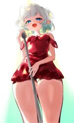 1girl absurdres blue_eyes dress from_below gradient_background gradient_hair green_background green_hair highres indie_virtual_youtuber looking_at_viewer microphone microphone_stand mila_(milaart12) mint_fantome multicolored_hair open_mouth pointy_ears red_dress solo triangular_headpiece virtual_youtuber white_background white_hair