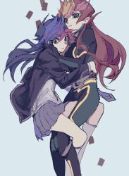 Rule 34 | 2girls, alternate form, belt, black bodysuit, black hair, black jacket, blazer, bodysuit, card, colored bangs, facing another, facing to the side, floating card, fujiki yusaku, genderswap, genderswap (mtf), green bodysuit, green eyes, grey belt, grey skirt, hand on another&#039;s back, hand on another&#039;s cheek, hand on another&#039;s face, hands on another&#039;s shoulders, holding another&#039;s waist, hug, jacket, knees up, looking at viewer, looking to the side, multiple girls, novale110, open clothes, open jacket, playmaker (yu-gi-oh!), pleated skirt, red hair, school uniform, shirt, skirt, socks, spiked hair, thighhighs, two-tone bodysuit, untucked shirt, white background, white shirt, white socks, yellow trim, yu-gi-oh!, yu-gi-oh! vrains