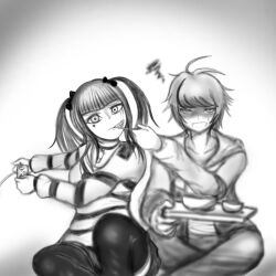 1boy 1girl amemiya_darumi black_bow bow bowl collar controller feeding grey_background heart highres holding holding_controller holding_plate jacket long_sleeves looking_at_viewer makeup monochrome multicolored_hair open_mouth pants plate pleated_skirt runny_makeup safety_pin shirt short_hair skirt striped_clothes striped_shirt sumino_takumi the_hundred_line_-last_defense_academy- thighhighs twintails utensil_in_mouth white_background