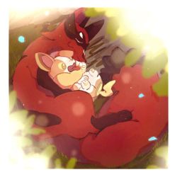 bad_id bad_pixiv_id border commentary_request day fang gen_8_pokemon grass green_eyes lying nao_(naaa_195) nintendo no_humans on_back open_mouth outdoors pokemon pokemon_(creature) thievul toes tongue tongue_out white_border yamper