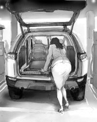 1girl ass blush breasts car from_behind full_body gas_pump gas_station mature_female monochrome motor_vehicle noysca peril skirt