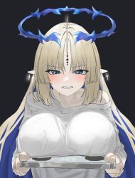 Rule 34 | 1girl, blonde hair, blue hair, blush, breasts, colored inner hair, commentary, crown of thorns, dark background, denare (ysry2252), earrings, fleurdelys (wuthering waves), floating earrings, highres, holding, holding tablet pc, horns, huge breasts, jewelry, long hair, long sleeves, looking at viewer, multicolored hair, parted bangs, parted lips, pointy ears, shirt, sidelocks, single horn, single off shoulder, solo, tablet pc, tacet mark (wuthering waves), upper body, very long hair, white shirt, wuthering waves, yellow horns