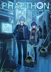 1boy 1girl asymmetrical_legwear bangboo_(zenless_zone_zero) bangboo_6_(zenless_zone_zero) belle_(zenless_zone_zero) black_shirt black_thighhighs blue_hair blue_jacket brother_and_sister closed_mouth commentary_request copyright_name crossed_bangs eous_(zenless_zone_zero) green_eyes grey_hair hair_ornament highres indoors jacket kukatsuma letter_hair_ornament looking_at_viewer open_clothes open_jacket shirt shoes short_hair siblings single_thighhigh smile sneakers standing thighhighs turtleneck twitter_username white_shoes wise_(zenless_zone_zero) zenless_zone_zero