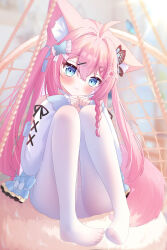1girl :3 absurdres ahoge animal_ear_fluff animal_ears blurry blurry_background blush bow butterfly_hair_ornament closed_mouth commentary_request depth_of_field feet hair_bow hair_intakes hair_ornament hands_up highres indoors knees_up liang_feng_qui_ye long_hair long_sleeves no_shoes off_shoulder original panties panties_under_pantyhose pantyhose pink_hair puffy_long_sleeves puffy_sleeves sitting sleeves_past_wrists solo tail toe_seam toes two_side_up underwear very_long_hair white_bow white_hair white_pantyhose