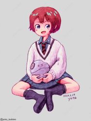 Rule 34 | 1girl, amate yuzuriha, aqua shirt, aqua skirt, artist name, black boots, boots, commentary request, dated, diagonal-striped clothes, diagonal-striped necktie, full body, grey background, gundam, gundam gquuuuuux, haro, highres, holding, iqra, necktie, open mouth, pleated skirt, red hair, robot, school uniform, shirt, shoe soles, short hair, signature, simple background, sitting, skirt, solo, striped clothes, sweater, twitter username, watermark, watermark grid, white sweater