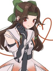Rule 34 | 1girl, black gloves, brown eyes, brown hair, buttons, double-breasted, elbow gloves, forehead protector, gloves, green headband, hair intakes, half updo, headband, heart, highres, jintsuu (kancolle), jintsuu kai ni (kancolle), kantai collection, long hair, looking at viewer, orange shirt, sailor collar, school uniform, serafuku, shirt, skirt, solo, white sailor collar, white skirt, yoripi