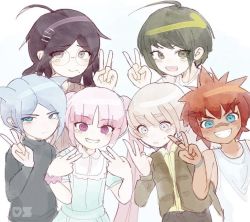 1girl 3boys 3girls age_difference ahoge alternate_costume bandaid bandaid_on_face black_sweater blue_dress blue_eyes blue_hair blush brown_jacket child closed_mouth collared_dress daimon_masaru_(danganronpa) danganronpa_(series) danganronpa_another_episode:_ultra_despair_girls despair_sauce_(artist) doube_bun dress ears eyelashes fukawa_toko glasses green_eyes green_hair grey_eyes hair_between_eyes hair_ornament hairclip jacket kemuri_jataro long_hair long_sleeves looking_at_viewer medium_hair multiple_boys multiple_girls naegi_komaru open_mouth palms parted_hair pink_eyes pink_hair pink_scrunchie purple_eyes purple_hair red_hair round_eyewear scrunchie shingetsu_nagisa shirt short-sleeved_dress short_sleeves simple_background sketch smile sweater tan tank_top teeth twintails utsugi_kotoko v watermark white_background white_tank_top yellow_shirt