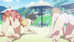 00s 2girls all_fours animated animated_gif ass barefoot beach bikini cloud feet glasses momioka_risa multiple_girls outdoors sand sawada_mio sky swimsuit to_love-ru twintails