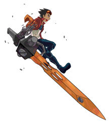 1boy arm_blade black_hair blue_pants blue_shirt commentary english_commentary full_body generator_rex goggles goggles_on_head high_collar huge_weapon jacket male_focus mechanical_arms open_clothes open_jacket open_mouth orange_goggles pants red_jacket rex_salazar shirt single_mechanical_arm solo spiked_hair sword two-tone_shirt weapon white_background white_shirt zaionic