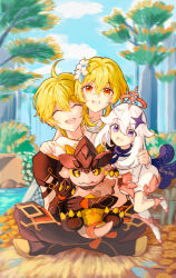 1boy 2girls absurdres aether_(genshin_impact) ahoge animal animal_hug blonde_hair blue_eyes blue_scarf brother_and_sister brown_pants brown_shirt closed_eyes genshin_impact hair_ornament halo highres little_one_(genshin_impact) long_hair looking_at_viewer lumine_(genshin_impact) multiple_girls open_mouth outdoors paimon_(genshin_impact) pants rimy_hong romper scarf shirt short_hair_with_long_locks siblings sitting tepetlisaurus_(genshin_impact) white_hair white_romper white_scarf yellow_eyes