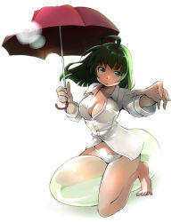 1girl blush breasts cleavage female_focus green_eyes green_hair kubocha looking_at_viewer matching_hair/eyes original panties simple_background solo straddling umbrella underwear white_background white_panties