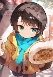 1girl black_eyes black_shorts blue_eyes blue_scarf blurry blurry_background brown_hair closed_mouth commentary_request expressionless food harufude highres holding holding_food hololive incoming_food jacket light_particles long_sleeves looking_at_viewer multicolored_eyes oozora_subaru scarf short_hair shorts solo steamed_bun virtual_youtuber watermark yellow_eyes yellow_jacket