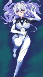 1girl bodysuit breasts firefly_(ar-26710)_(honkai:_star_rail) firefly_(honkai:_star_rail) grey_hair hair_between_eyes hand_on_own_stomach hibi_kome_kami highres honkai:_star_rail honkai_(series) impossible_bodysuit impossible_clothes large_breasts long_hair looking_at_viewer lying mecha_pilot_suit official_alternate_costume on_back open_mouth pink_eyes solo white_bodysuit