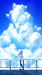 1girl =_hair_ornament absurdres ascot black_ascot black_pantyhose black_shoes cloud cloudy_sky cumulonimbus_cloud day from_side full_body hatsupainting highres loafers long_hair looking_up naruse_shiroha open_mouth outdoors pantyhose pleated_skirt railing sailor_collar school_uniform serafuku shirt shoes skirt sky sky_focus solo standing summer_pockets summer_pockets_school_uniform summer_uniform very_long_hair white_hair white_sailor_collar white_serafuku white_shirt white_skirt