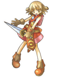 1girl 2000s_(style) artist_request bad_id blonde_hair boots brown_boots dagger full_body grey_shirt holding holding_dagger holding_knife holding_weapon knife looking_at_viewer lowres novice_(ragnarok_online) official_art open_mouth pink_bag ragnarok_online red_shorts shirt shorts simple_background sleeveless sleeveless_shirt smile solo standing weapon white_background yellow_eyes