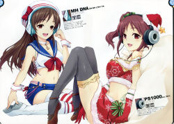Rule 34 | 10s, 2girls, :d, absurdres, anchor, bare shoulders, black legwear, blush, boots, breasts, brown eyes, brown hair, choker, christmas, cleavage, crop top, dress, fur-trimmed gloves, fur trim, gloves, hair ribbon, hat, headphones, highres, hiiro yuki, idolmaster, idolmaster cinderella girls, igarashi kyoko, jewelry, knee boots, large breasts, long hair, midriff, mifune miyu, multiple girls, navel, necklace, nitta minami, open mouth, print gloves, print skirt, red eyes, red gloves, ribbon, sailor collar, santa costume, santa hat, shorts, side ponytail, sitting, skirt, smile, snowflake print, snowflakes, stomach, striped clothes, striped legwear, striped thighhighs, thighhighs, wariza, wrist cuffs