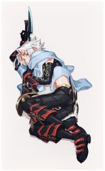 .hack// .hack//g.u. 1boy belt bespectacled black_gloves black_pants black_shirt black_shoes blue_scarf commentary_request crop_top eyewear_on_head full_body glasses gloves grey_hair gun haseo_(.hack//) highres hugging_object looking_at_viewer lying maishi male_focus multiple_belts on_side orange-tinted_eyewear pants red_eyes scarf shirt shoes short_hair shoulder_tattoo simple_background solo stomach_tattoo tattoo tinted_eyewear weapon
