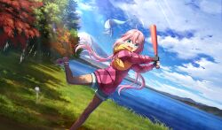 1girl ball baseball_(object) baseball_bat black_gloves blue_eyes blue_shorts breath brown_footwear brown_pantyhose cinderella_series cloud coat fingerless_gloves game_cg gloves hachigatsu_no_cinderella_nine highres holding holding_baseball_bat kagamihara_nadeshiko lake leg_up lens_flare light_rays long_hair long_sleeves looking_at_viewer maple_tree motion_blur mount_fuji non-web_source official_art on_grass open_mouth outdoors pantyhose pink_coat pink_hair scarf shorts sky solo sunbeam sunlight tree wavy_hair yellow_scarf yurucamp